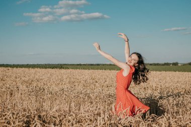 Doğal güzellik, doğaya duyarlılık, hayatın kutlanması küçük anlar konsepti. Buğday tarlasında güzel bir genç kadın. Gökyüzünde buğday tarlasında bir kadın