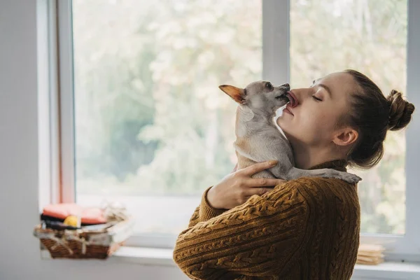 Pet love, adopcja bezdomnych psów, opieka nad zwierzętami domowymi i zwierzęcymi koncepcjami. Kochankowie zwierząt, Kochankowie zwierząt. Kobieta z psem ze schroniska w rękach. Szczeniak ze schroniska w nowym domu — Zdjęcie stockowe