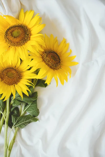 Candid auténtico ramo de girasoles amarillos sobre tela de fondo blanco. Fondo con ramo de girasoles amarillos sobre sábana blanca. Días soleados, concepto floral de verano — Foto de Stock