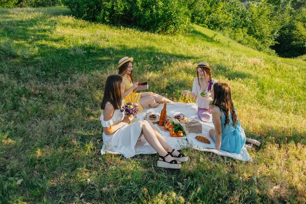 Friends having picnic in the countryside. Group of young women sitting on blanket in park near trees, at sunset on spring summer day. Five girlfriends eating and drinking red wine on outdoor party