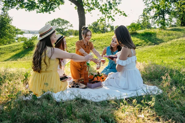 Friends having picnic in the countryside. Group of young women sitting on blanket in park near trees, at sunset on spring summer day. Five girlfriends eating and drinking red wine on outdoor party