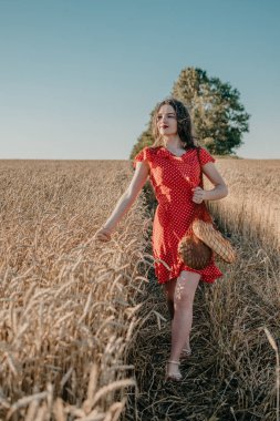 Sürdürülebilir yaşam, doğal ve yenilenebilir kaynakların kullanımı, tüketimi azaltma, sürdürülebilir yaşam tarzı. Köyün yolu boyunca örgü çanta ve ev yapımı ekmek ile yürüyen kırsal giysili genç esmer kadın.