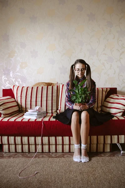 Nerd-Kultur, nerdy und geeky Dinge, Lösungsfindung, Student, Büroangestellte oder Computerfreak Frau. Netter Nerd, Geek, Geeky, Nerdy, Dork Mädchen mit Zimmerpflanze, Bücher und Katze sitzen auf dem Sofa — Stockfoto