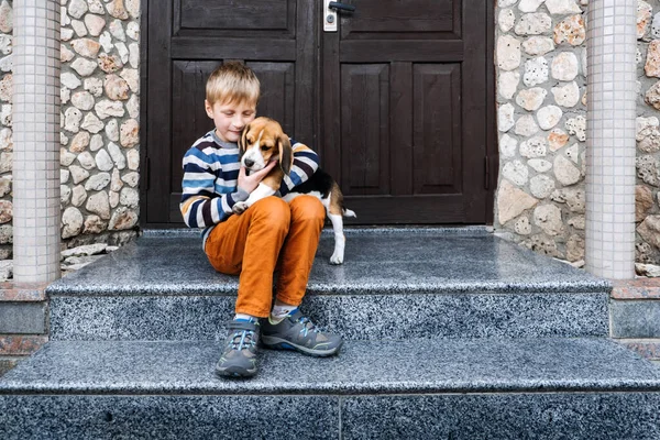 Pet Love. Dzieci i psy. Mały chłopiec przytulający szczeniaka w domu. Słodki szczeniaczek Beagle i mały chłopiec bawiący się na podłodze. Gry do gry z szczeniąt beagle. — Zdjęcie stockowe