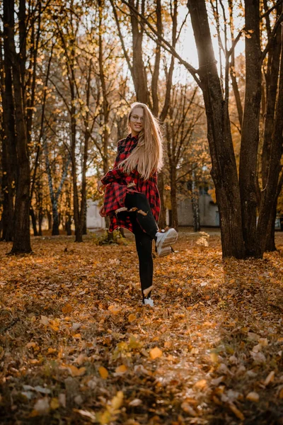 Készülj az esésre. Készülj fel az őszi szezonra. Semmi stressz, csökkenő depresszió, pozitív érzelmek. Boldog fiatal nő élvezi az életet őszi parkban. — Stock Fotó
