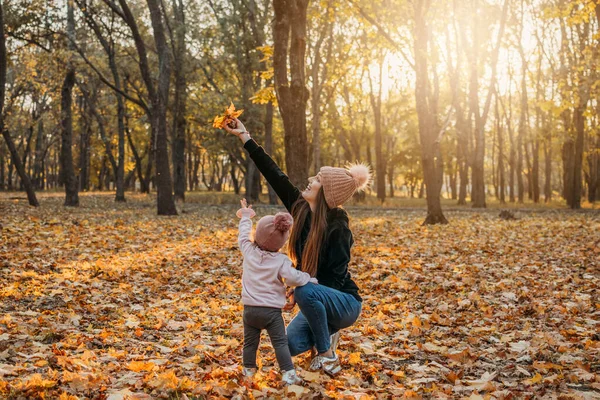 Rodzinny upadek Działalność społeczna na odległość. Szczęśliwa rodzinna mama i mała dziewczynka bawią się na świeżym powietrzu w jesiennym parku. Dziewczynka i jej matka w jesiennym parku. Jesienne zajęcia dla małych dzieci. — Zdjęcie stockowe