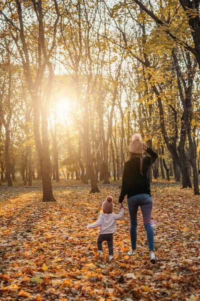 Family Fall Social Distancing Activities. Happy family mom and toddler baby girl playing outdoors in fall park. Little girl and her mother in the autumn park. Fall activities for toddlers.