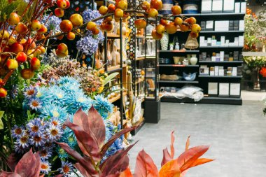 Suni sonbahar yaprakları, böğürtlen ve mavi çiçekli ev perakendecisi. Mevsimsel geçişler, sahte botanikler, perakende tasarımı, sürdürülebilir dekorasyon. Yüksek kalite fotoğraf