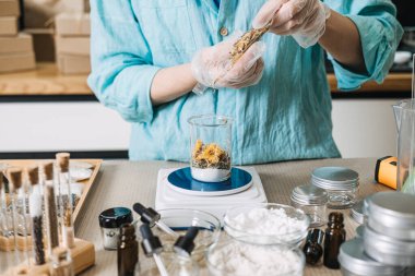 Koruyucu eldivenlerdeki insanlar, plastik torbadan cam şişeye dijital ölçekte kurutulmuş bitkiler dökerler. Temiz güzellik hareketi, kimyasalsız, zehirli olmayan cilt bakımı