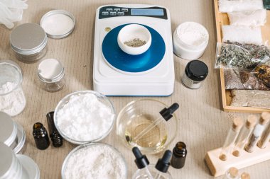 Beyaz dijital ölçekte çeşitli kozmetik kavanozları ve kurutulmuş botanikler arasında gri tozla dolu küçük bir seramik kase bulunur. Skinimalizm, Bariyer Tamiri, Minimalist Formülasyon