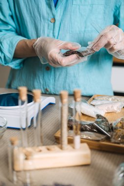 Eldivendeki eller küçük paketten siyah mineralleri dijital ölçekte cam test tüpüne döküyor. Susuz konsantrasyon, susuz boya, korumasız banyo, katı mineral cilt bakımı.