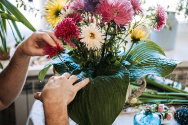 İnsanın elleri, canlı paskalya çiçekleri ve dekoratif vazoda büyük hosta yaprakları düzenler. Biyofili hipotezi, zihinsel iyileştirme, doğa destekli terapi, erkek psikolojik dayanıklılığı.