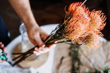 Eller portakallı iğnelik protea çiçeklerini masanın üzerinde cam vazoya dönüştürür. el sanatları, çiçekçilik, lüks ev aksanları, el yapımı lüks, özel botanik sanatı.