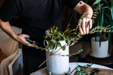 Eller, flütlü beyaz sürahinin içinde uzun yapraklı dallar ve küçük mor çiçekler düzenler. DIY çiçekçi, çiçekçi özel tasarım, amatör çiçekçi, kişiselleştirme alanı, el yapımı ev dekorasyonu..