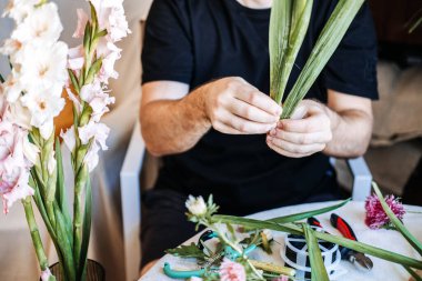 İnsanın elleri dikkatlice uzun gladiolus 'u flütlü cam vazoya yerleştirir. Ruh sağlığı, DIY çiçek atölyesi, botanik terapisi.