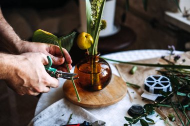 Eller masadaki kehribar vazonun yanındaki yeşil sapı budamak için bahçe makası kullanır. Çiçek tasarım kursu, yaratıcılar için sürekli eğitim, sanatsal eğitim