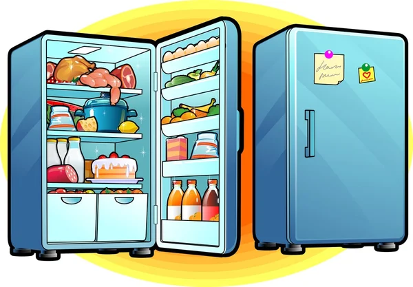 Refrigerador con lleno de comida — Vector de stock