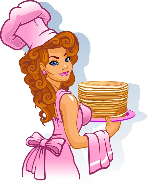 Woman chef with pancakes — Stock Vector