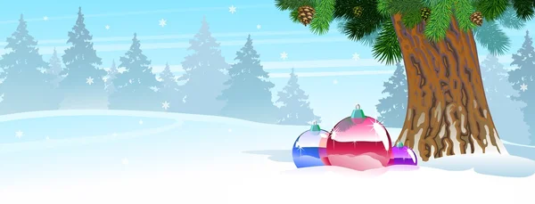 Bolas de árbol de Navidad en la nieve — Vector de stock
