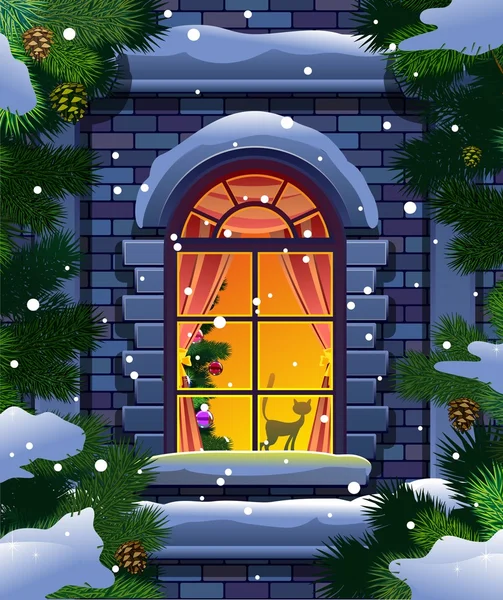 Ventana de invierno y abeto — Vector de stock