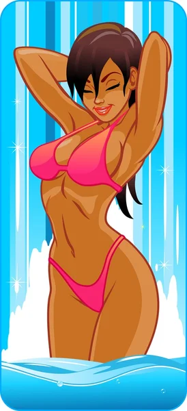 Kız. Şelale. illüstrasyon.