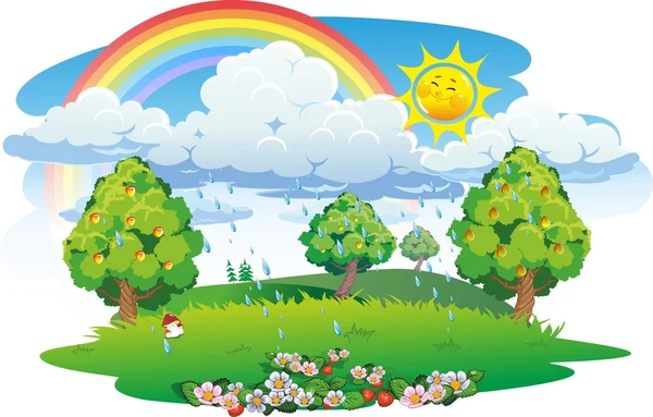 Paisaje de verano con arco iris . — Vector de stock