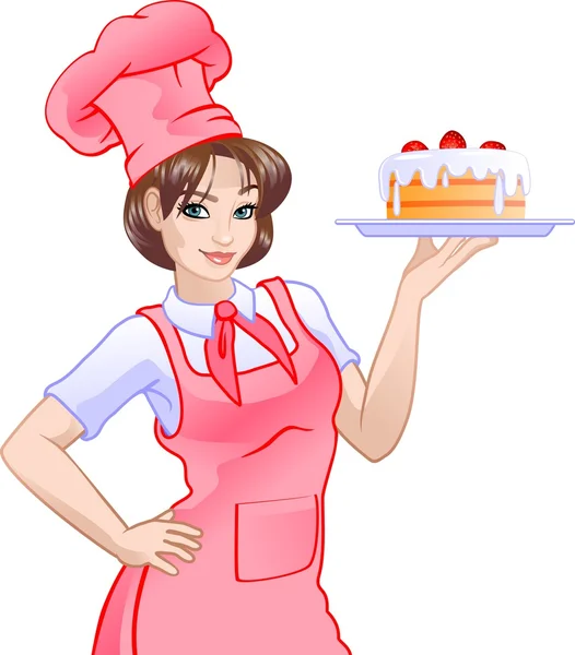 Chica chef en rosa y pastel — Vector de stock