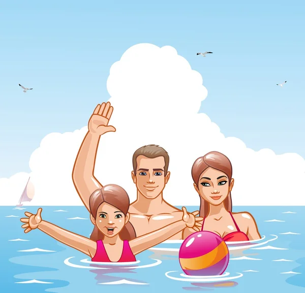 Familia con niños en la soleada playa del océano — Vector de stock