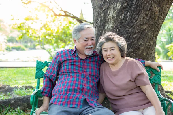 肖像画のシニアカップル 老人とおばあさんは公園で笑顔で幸せを手に入れます 古い妻と夫は健康 医療保険の概念を持っています — ストック写真