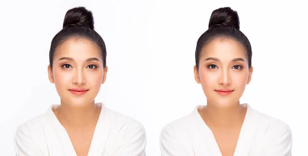 美容女性が化粧品手術や美容整形を受ける前後の顔を比較するアジアの女の子はV字顔をしており 美しい顔の皮膚を持っています美容整形美容整形の概念 — ストック写真