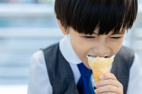 Cute Little Child Love Eating Sweets Ice Cream Handsome Little — Stock Photo, Image