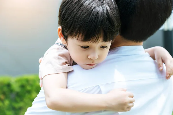 Sick Child Get Sad Depressed His Father Holding Adorable Boy — Stock Photo, Image