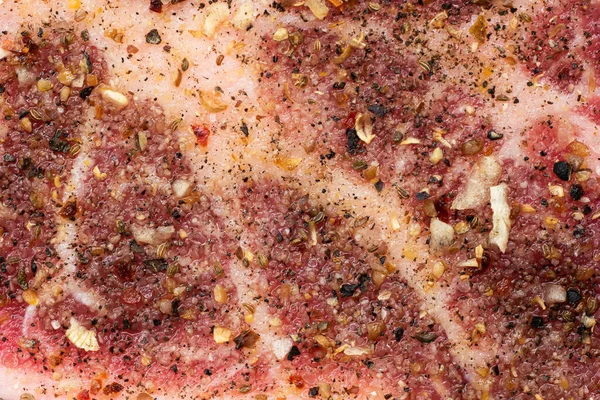 Carne Cerdo Fresca Cruda Sazonada Macro Close Shot Top View — Foto de Stock