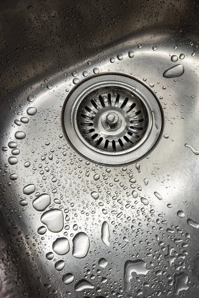 Stainless Metal Kitchen Sink Drainage Close Shot Wet Water Drops — Stock Photo, Image