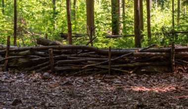 Tree branch woven small fence in the forest surrounding a pick nick place.
