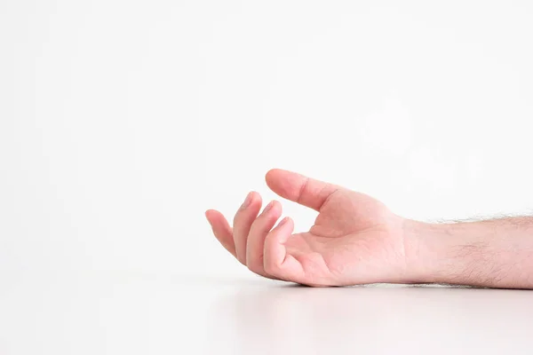 Λευκό Αρσενικό Χέρι Άνοιξε Παλάμη Κάνοντας Χειρονομία Απομονώνονται Λευκό Από — Φωτογραφία Αρχείου