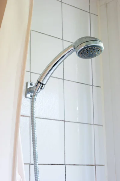 Shower Head Cord Hanging Bathroom Tile Wall Next Shower Curtain — Stock Photo, Image