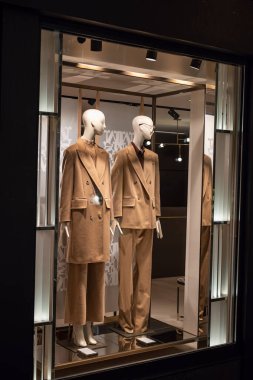 Özel deve kostümlü iki mankenin yer aldığı bir vitrin vitrini. Aydınlatılmış dükkan penceresi, gece fotoğrafı, insan yok.