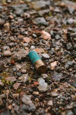Çöpe atılmış, harcanmış yeşil ve pirinçten yapılmış bir mermi kovanının yakın plan fotoğrafı. Üstü açık, derin alan yok, insan yok.