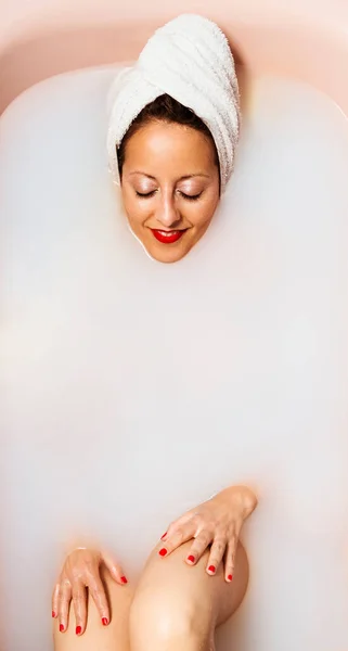 Smiling Woman Towel Her Head Taking Relaxing Bath Bathtub Filled — Stock Photo, Image