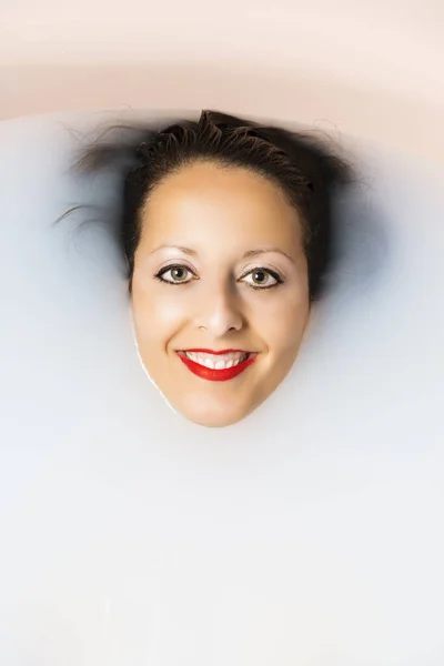 Caucasian Woman Taking Bath Bathtub Filled Milk Body Care Concept — Stock Photo, Image