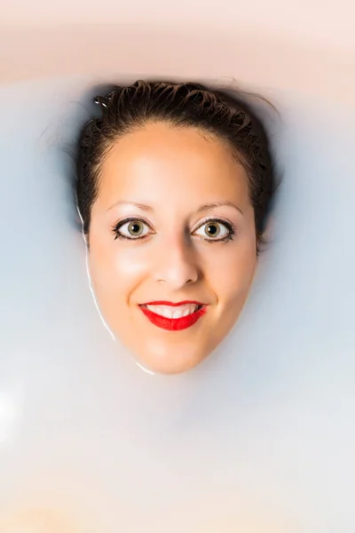 Caucasian Woman Taking Bath Bathtub Filled Milk Body Care Concept — Stock Photo, Image