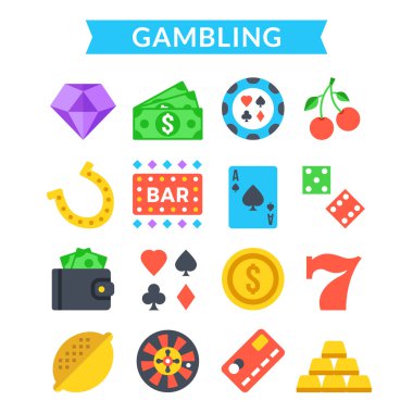 Gambling icons set. Gambling, gaming, card game, casino, roulette, slot machine. Flat vector icons set