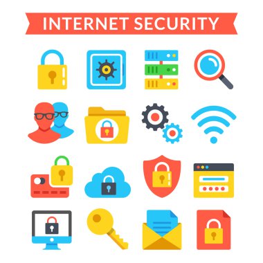 Internet security icons set. Online protection, system privacy, antivirus. Flat vector icons set