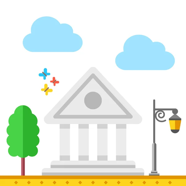 Prédio bancário. Banco, nuvens, lanterna de rua, etc. Ilustração vetorial plana — Vetor de Stock