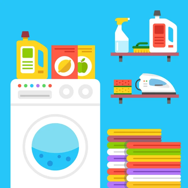Wäscheillustration. Waschküche mit Waschmaschine, Haushaltsprodukten, etc. — Stockvektor