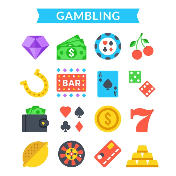 Juego de iconos de juego. Juegos de azar, juegos de azar, juego de cartas, casino, ruleta, máquina tragaperras. Conjunto de iconos de vector plano — Archivo Imágenes Vectoriales