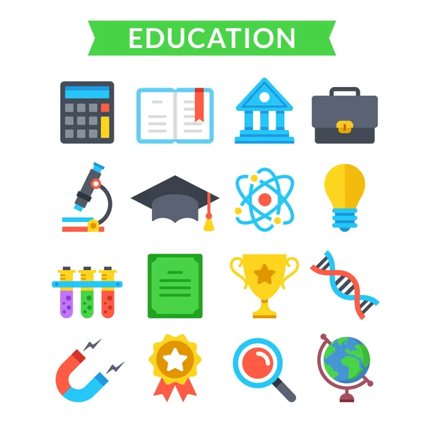 Conjunto de iconos educativos. Educación, aprendizaje, conocimiento, escuela, ciencia, universidad. Conjunto de iconos de vector plano — Archivo Imágenes Vectoriales