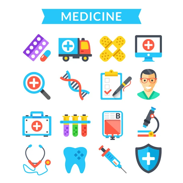 Medizinische Ikonen gesetzt. Medizin, Behandlung, Wissenschaft, Gesundheitswesen, Diagnostik. flache Vektorsymbole gesetzt — Stockvektor