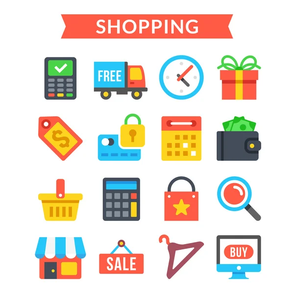 Conjunto de iconos de compras. Compras, comercio online, retail, ecommerce, marketing online. Conjunto de iconos de vector plano — Archivo Imágenes Vectoriales